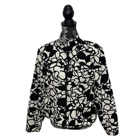 Robert Kitchen Canada Black & White Abstract Print Zip-Up Moto Jacket - Size XL - Picture 1 of 8